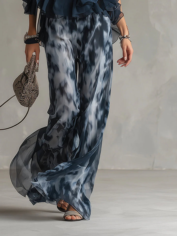 Luna | Conjunto Elegante De Gasa Com Top De Gola Alta E Calças Largas Estampadas