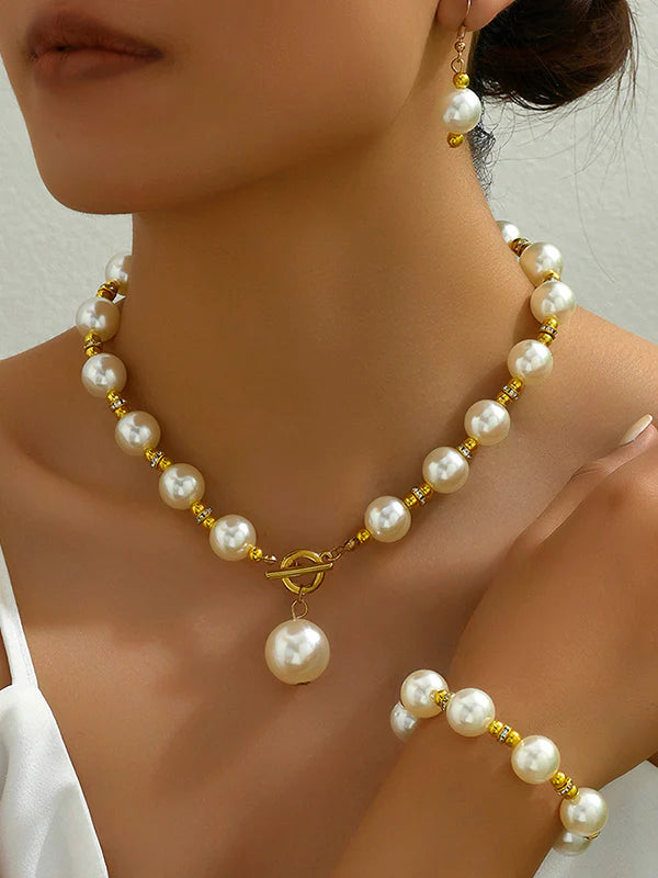 Conjunto De Collar, Pulsera Y Pendientes Geométrico Con Perlas (4 Pcs)