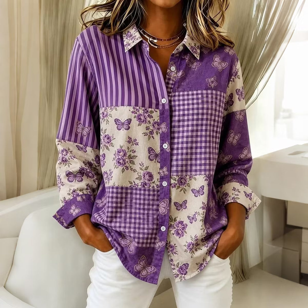 Camisa Retro Con Solapa - Estampado Patchwork Floral Mariposa Rayas Cuadros Manga Larga