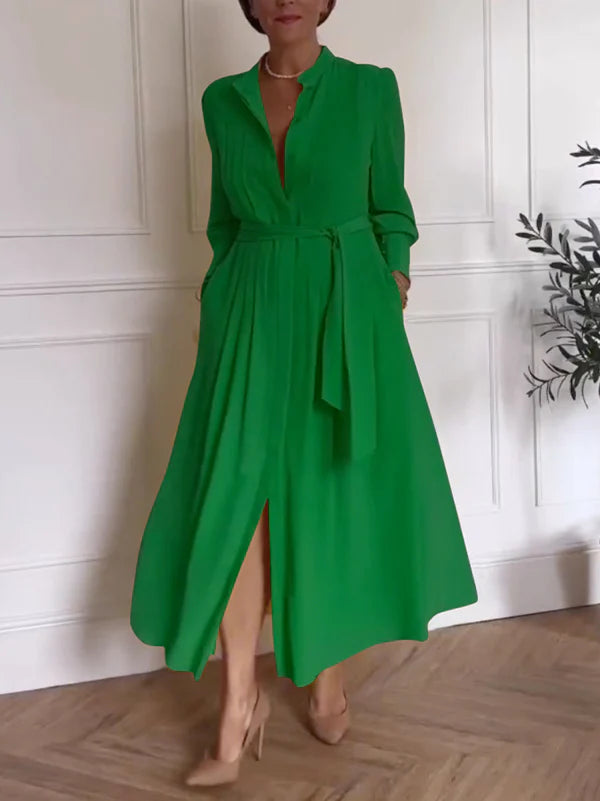 Vestido Maxi Camisero Línea A Con Bolsillos, Cintura Anudada Y Escote En V