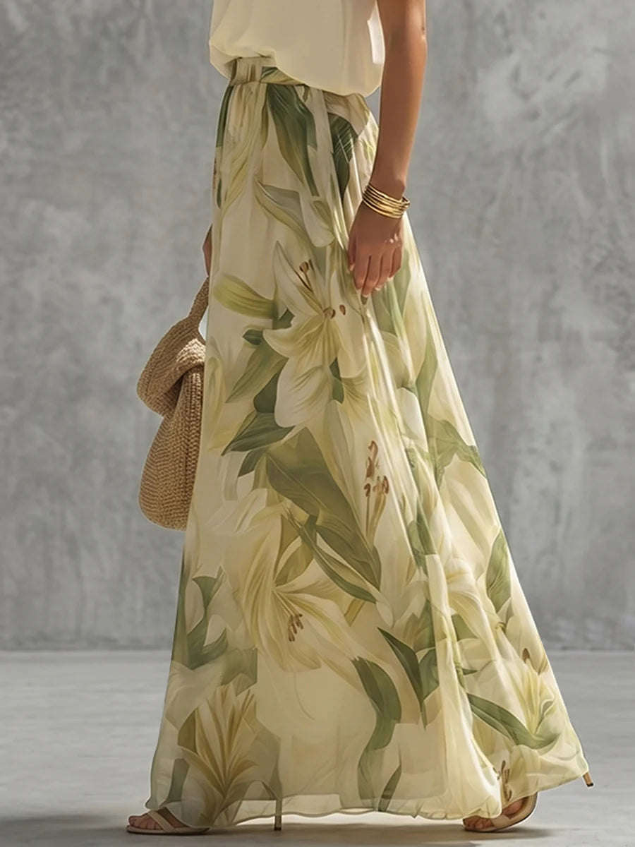 Pantalón De Pernera Ancha Cintura Alta Con Estampado Floral Y Contraste De Color - Elástico