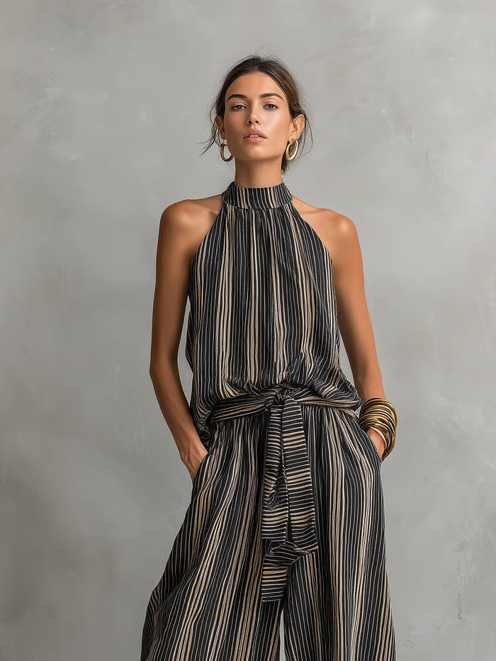 CONJUNTO ELEGANTE DE RAYAS - TOP SIN MANGAS CUELLO REDONDO Y PANTALÓN