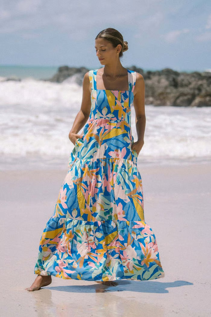 VESTIDO MAXI VERDE FLORAL CON VOLANTES ESCALONADOS