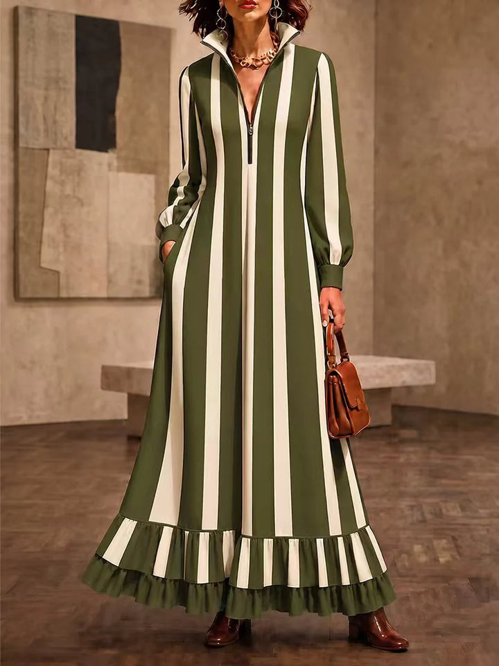Vestido Maxi Con Cremállera, Bolsillos A Rayas Con Volantes, Manga Larga Suelta En Color Contrastante Y Cuello Alto