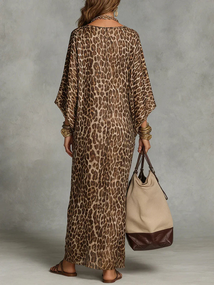 Vestido Maxi Estampado Leopardo Con Escote En V Y Manga Larga