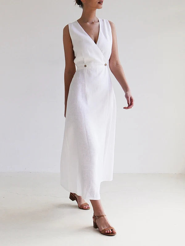 VESTIDO MAXI HOLGADO SIN MANGAS CON ESCOTE EN V Y ABERTURA FRONTAL - LINO Y ALGODON