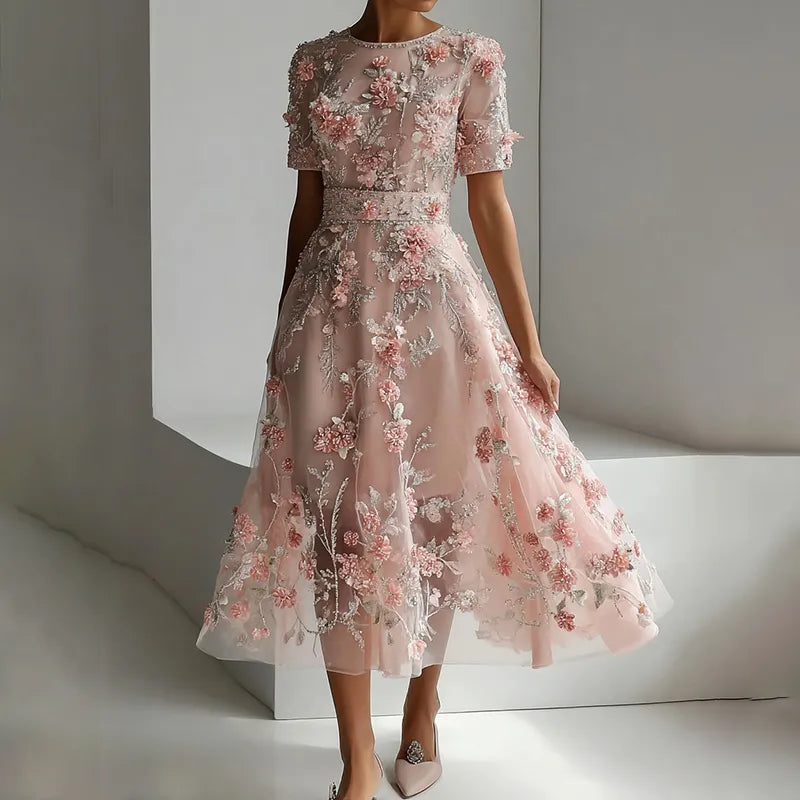 VESTIDO MAXI CASUAL RETRO DE CUELLO REDONDO CON ARTE FLORAL
