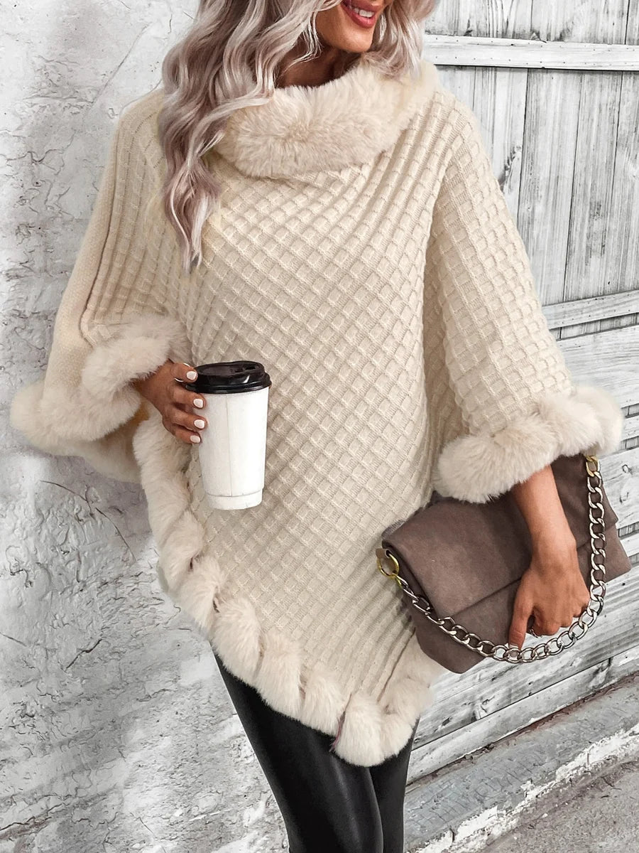 Elsa | Poncho De Punto Mujer Con Pelo Sintético Cuello Alto