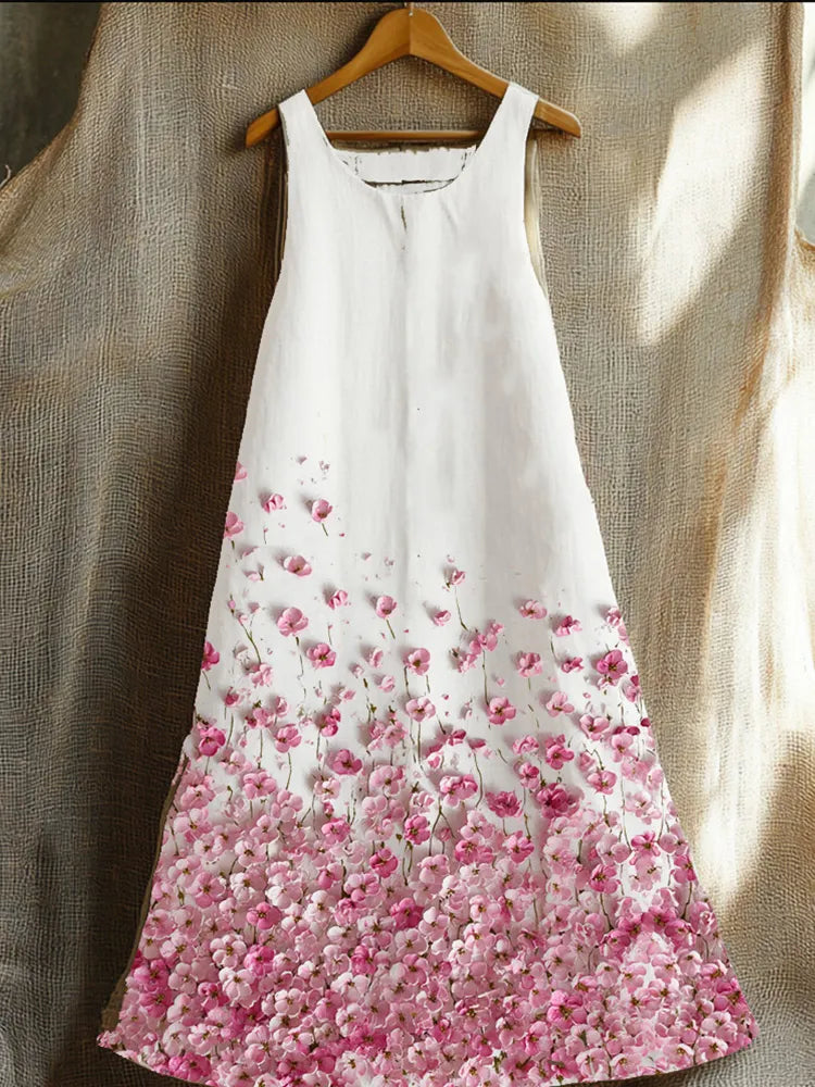 Vestido Largo Rosa Sin Mangas Con Estampado Floral Tridimensional