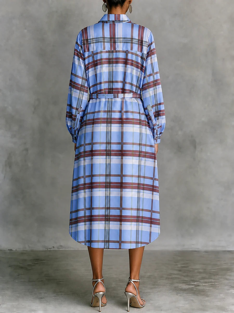Vestido Midi De Cuadros Contrastantes Con Solapa, Manga Larga Y Botones