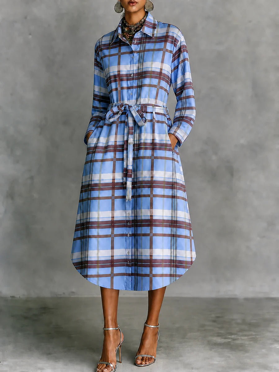 Vestido Midi De Cuadros Contrastantes Con Solapa, Manga Larga Y Botones
