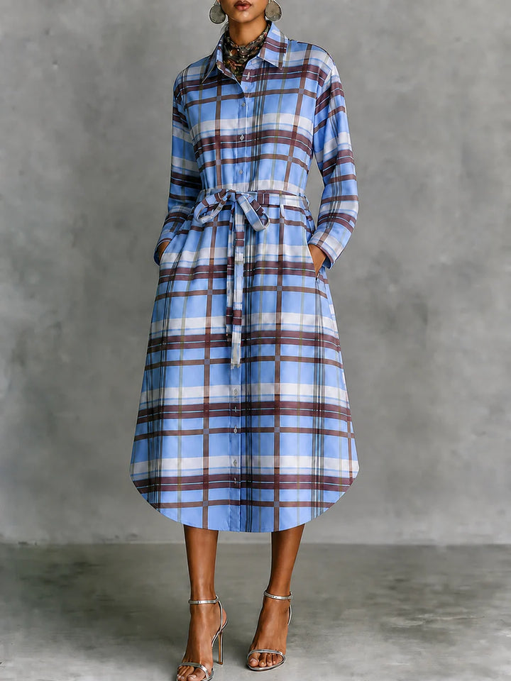 Vestido Midi De Cuadros Contrastantes Con Solapa, Manga Larga Y Botones