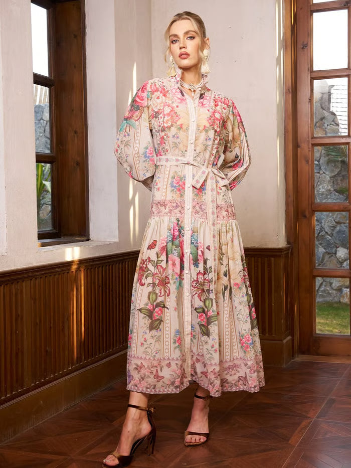 VESTIDO EDEN CON ESTAMPADO JARDÍN Y CINTURA ANUDADA