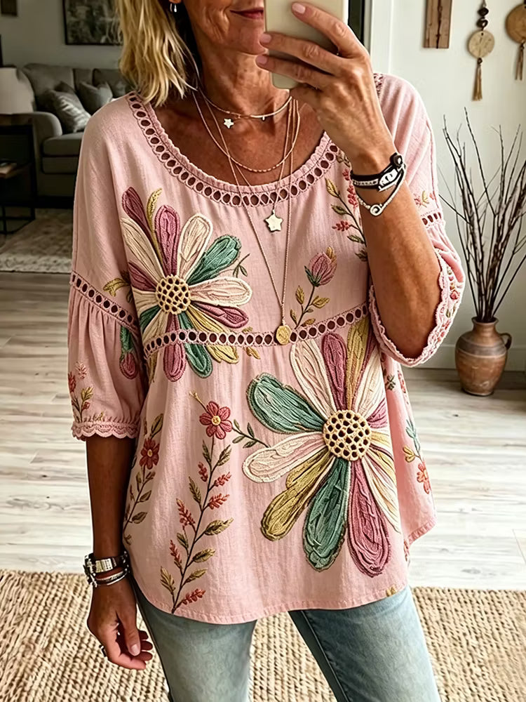 Blusa Informal Manga Media Con Estampado Floral Retro En Algodón