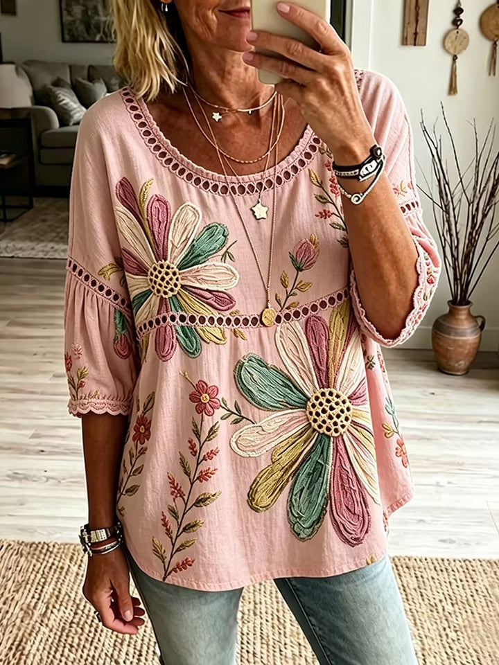Blusa Informal Manga Media Con Estampado Floral Retro En Algodón