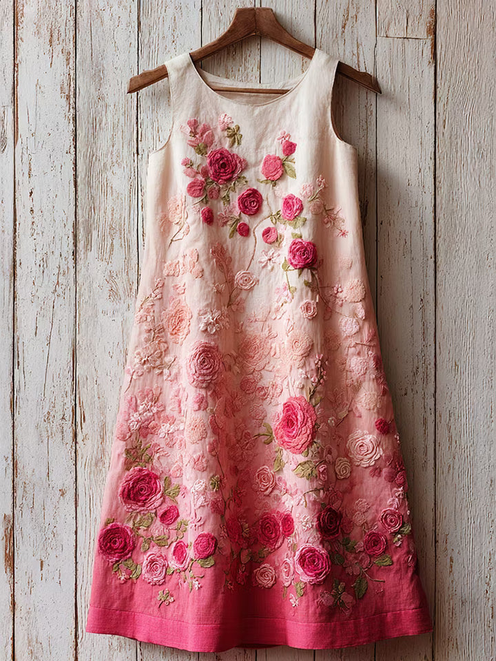VESTIDO CORTO ELEGANTE FEMENINO CON ESTAMPA DEGRADÉ DE ROSAS ROSA