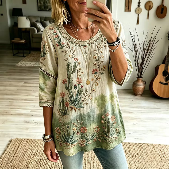 Blusa Manga 3/4 Con Lámina De Arte Floral Y Cactus Bordado Estilo Vintage En Algodón