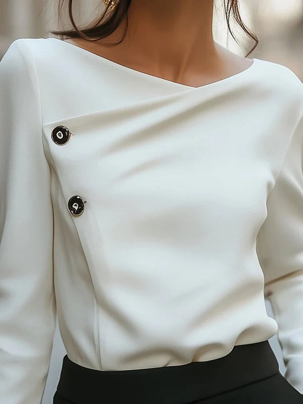 BLUSA DE MANGA LARGA HOLGADA CON BOTONES Y CUELLO ASIMETRICO COLOR SOLIDO MUJER