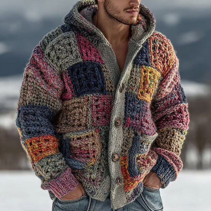 Men's Retro Geometric Knitted Hooded Button Sweater