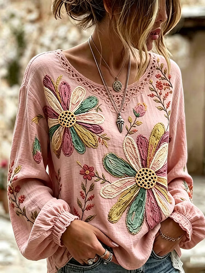 Blusa Informal Manga Larga Con Estampado Floral Retro En Algodón