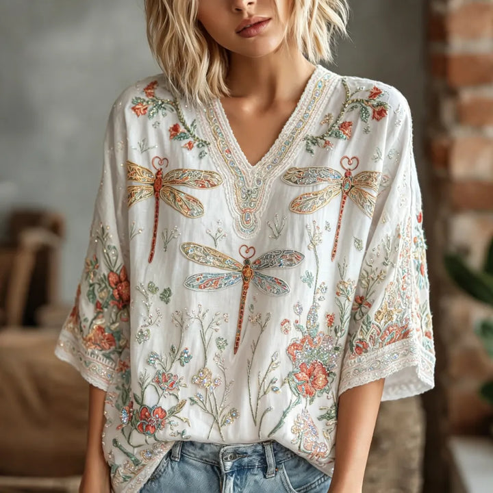 Linen Hippie Shirt with Floral Embroidery and Dragonfly Patchwork - 3/4 Sleeve
