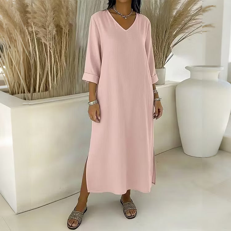 Vestido Maxi Color Sólido Con Cuello En V Y Manga Larga Estilo Retro En Poliéster