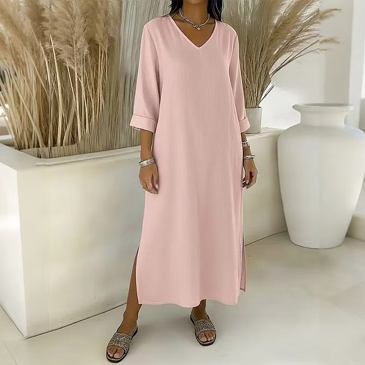 Vestido Maxi Color Sólido Con Cuello En V Y Manga Larga Estilo Retro En Poliéster