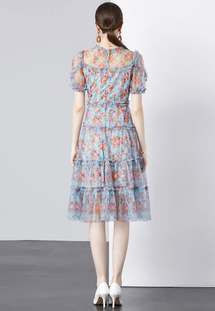 Vestido Midi Floral Azul com Mangas Abufantes e Folhos