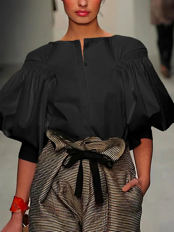 Puff Sleeve Button-Up Blouse - Solid Colors