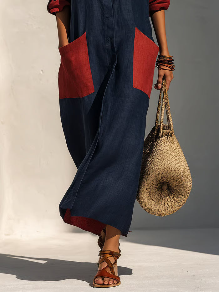 VESTIDO MIDI OVERSIZE CON BOLSILLOS PARCHE - ELEGANCIA SIN ESFUERZO