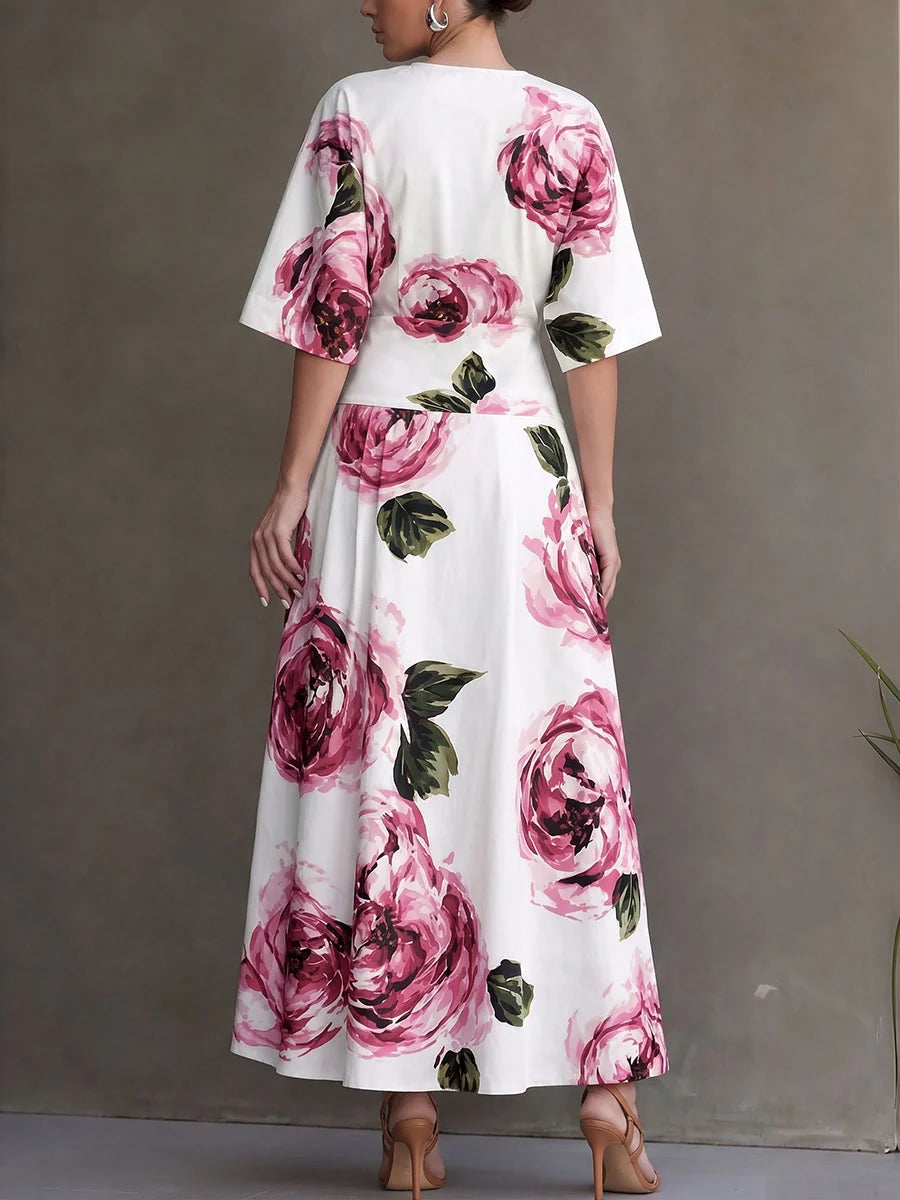 Vestido Maxi Floral De Manga Corta Con Cuello Redondo, Cintura Alta, Bolsillos Y Abertura Lateral