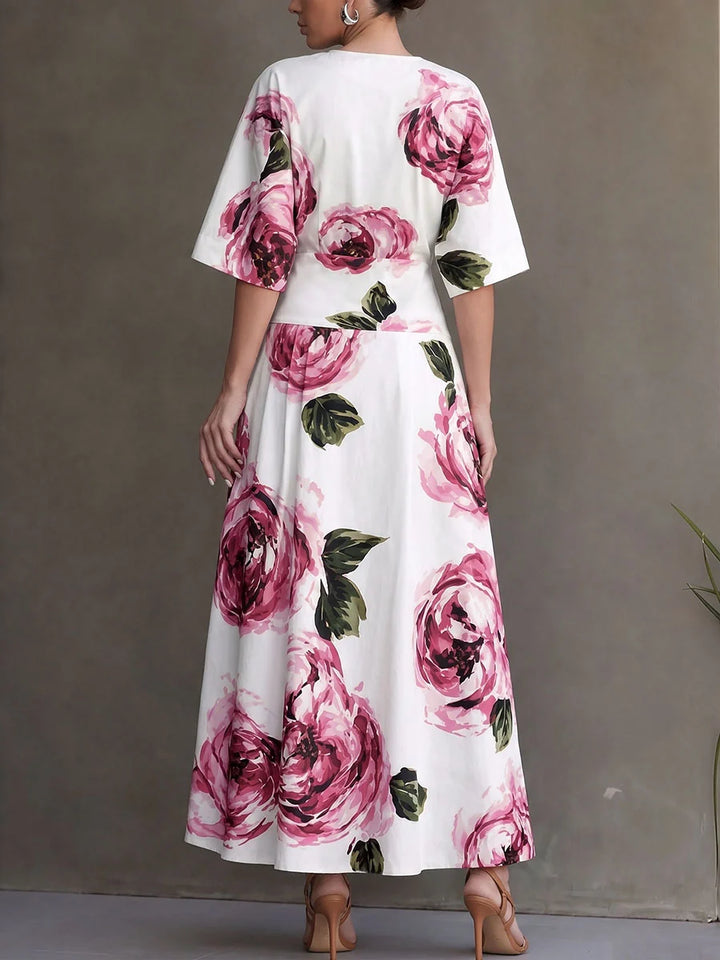 Vestido Maxi Floral De Manga Corta Con Cuello Redondo, Cintura Alta, Bolsillos Y Abertura Lateral