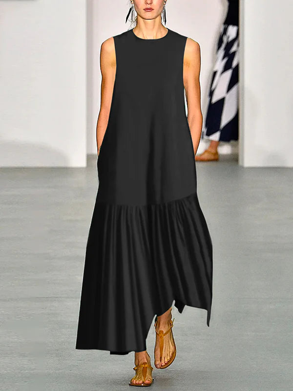 VESTIDO MAXI SOLTO EM A, COM DECOTE REDONDO E COR SÓLIDA