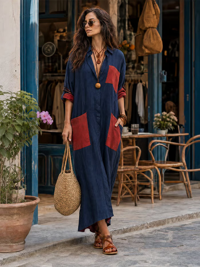 VESTIDO MIDI OVERSIZE CON BOLSILLOS PARCHE - ELEGANCIA SIN ESFUERZO