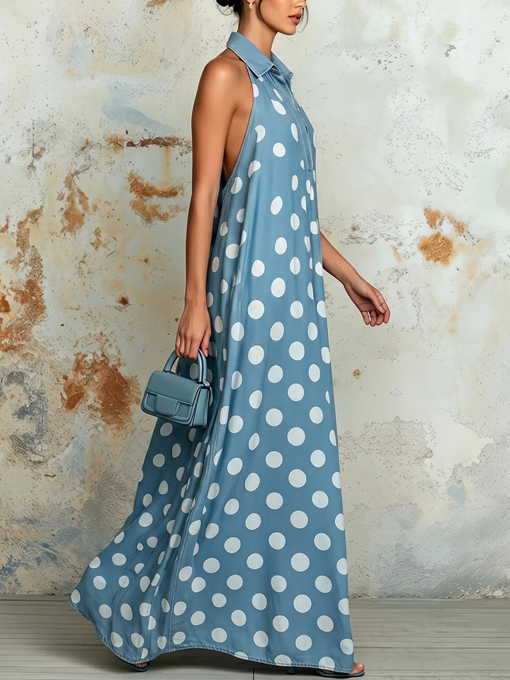 Vestido Maxi Holgado Sin Mangas Con Lunares, Plisado, Botones Y Color En Contraste