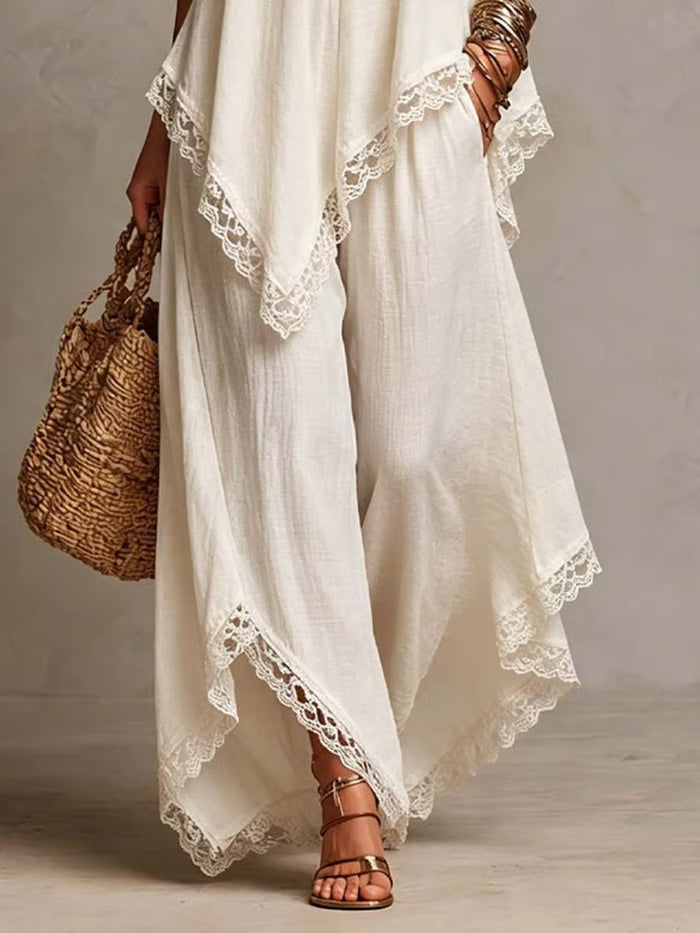 CONJUNTO CAMI DE TIRANTES CON ENCAJE Y PANTALÓN PIERNA ANCHA EN BLANCO