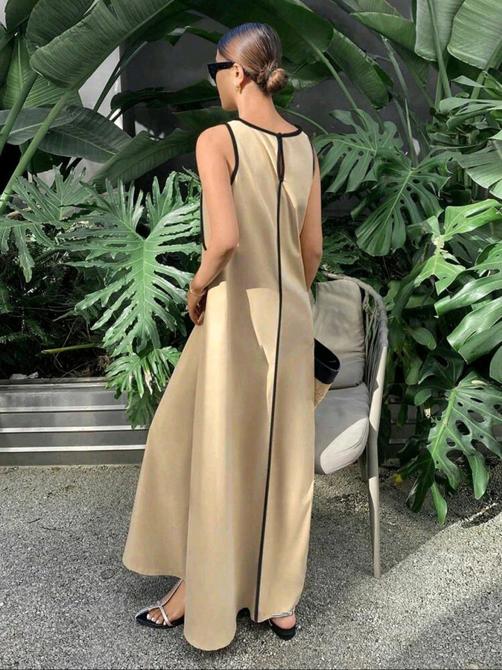 Vestido Maxi Holgado Línea A Bicolor Con Rayas Y Cuello Redondo