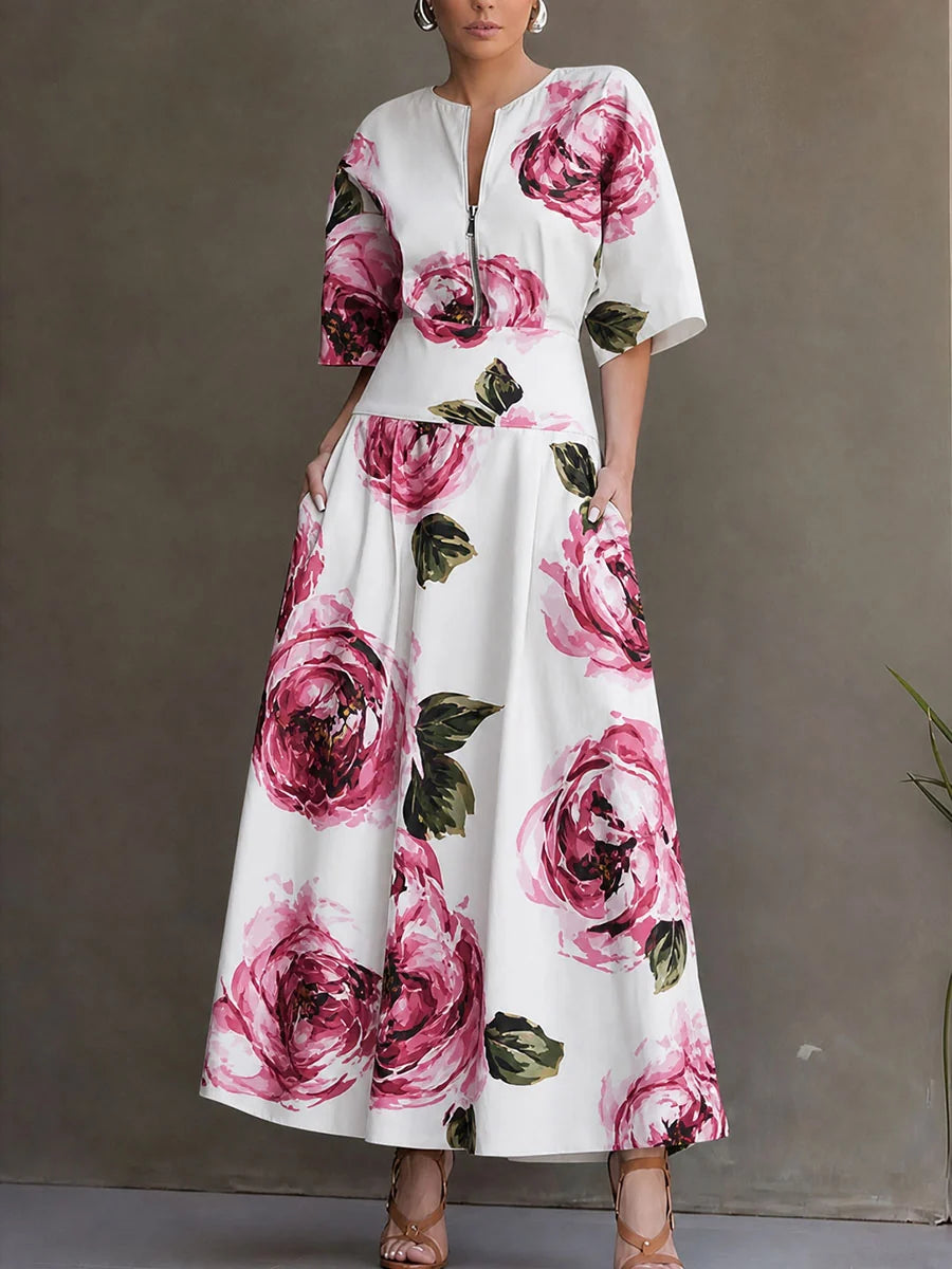 Vestido Maxi Floral De Manga Corta Con Cuello Redondo, Cintura Alta, Bolsillos Y Abertura Lateral