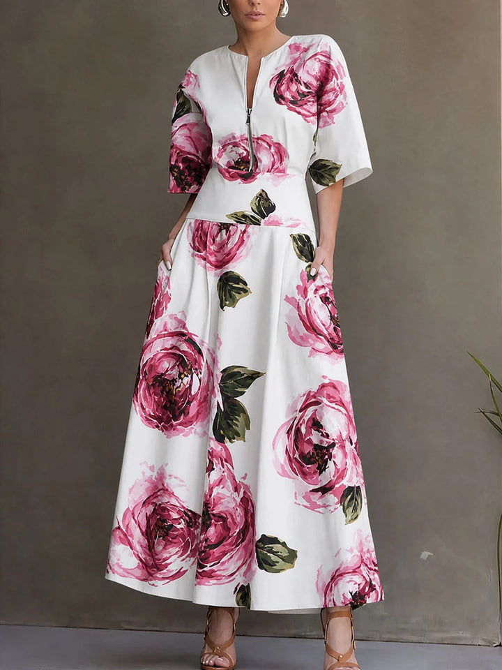 Vestido Maxi Floral De Manga Corta Con Cuello Redondo, Cintura Alta, Bolsillos Y Abertura Lateral