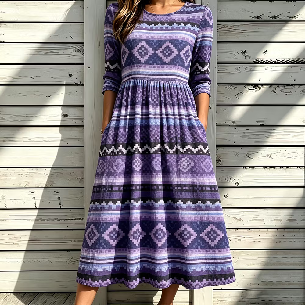 Vestido Midi Boho Con Cuello Redondo - Estampado Tribal Azteca Geométrico Vintage