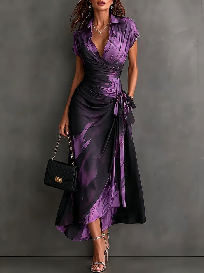 VESTIDO CRUZADO CON ESTAMPADO ABSTRACTO, CUELLO SOLAPA, MANGA LARGA Y LAZADA EN CINTURA