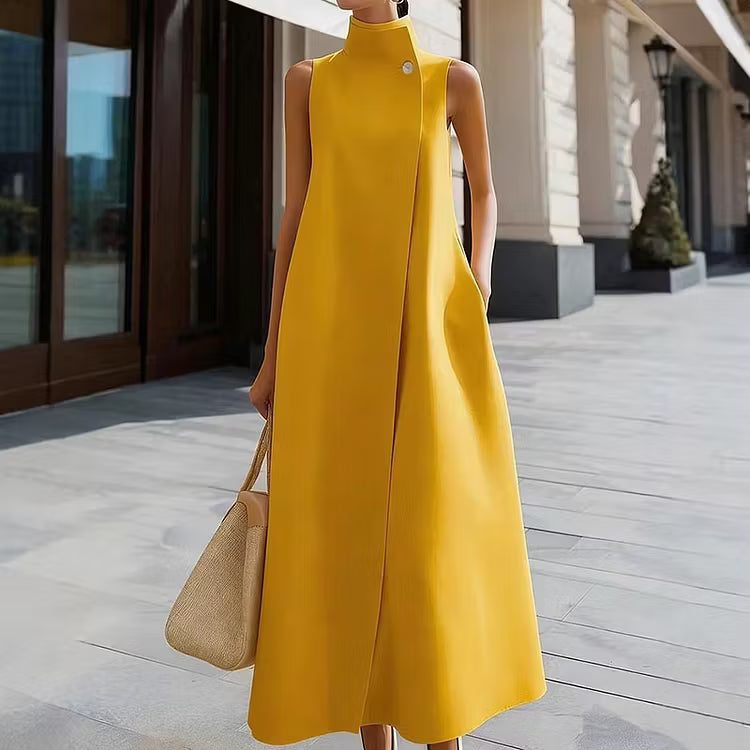 Vestido Midi Elegante Sin Mangas Con Cuello Mao Y Color Sólido