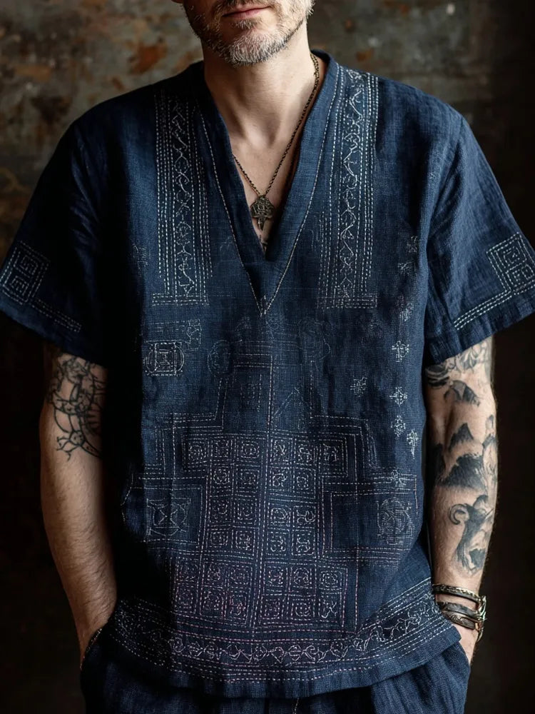 Camisa de lino vintage japonesa sashiko para hombre