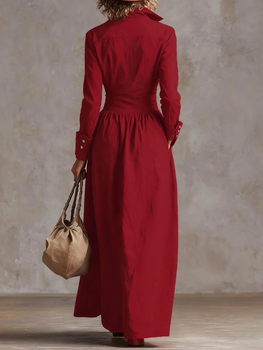 Vestido Maxi Camisero Plisado Con Solapa Dividida, Cintura Alta, Bolsillos Y Manga Larga En Color Sólido
