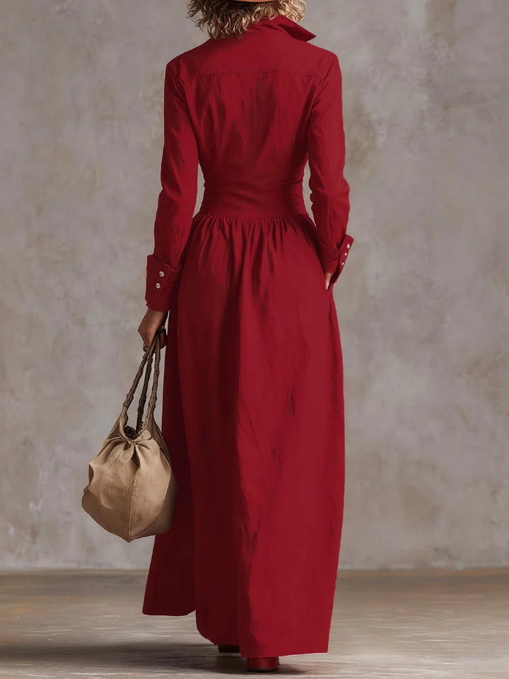 Vestido Maxi Camisero Plisado Con Solapa Dividida, Cintura Alta, Bolsillos Y Manga Larga En Color Sólido