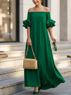 Vestido maxi suelto hombros descubiertos media manga volantes color sólido