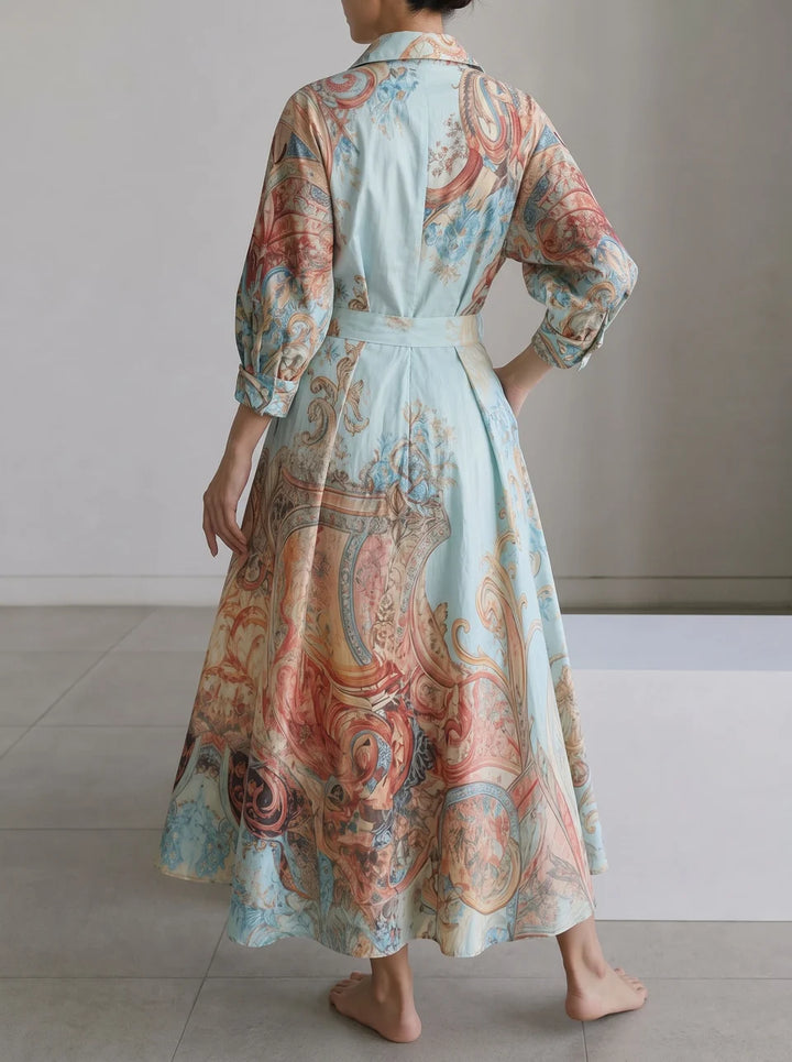 Vestido Maxi Camisero Estampado Con Bolsillos, Botones En Color Contrastante, Manga Tres Cuartos Y Lapela