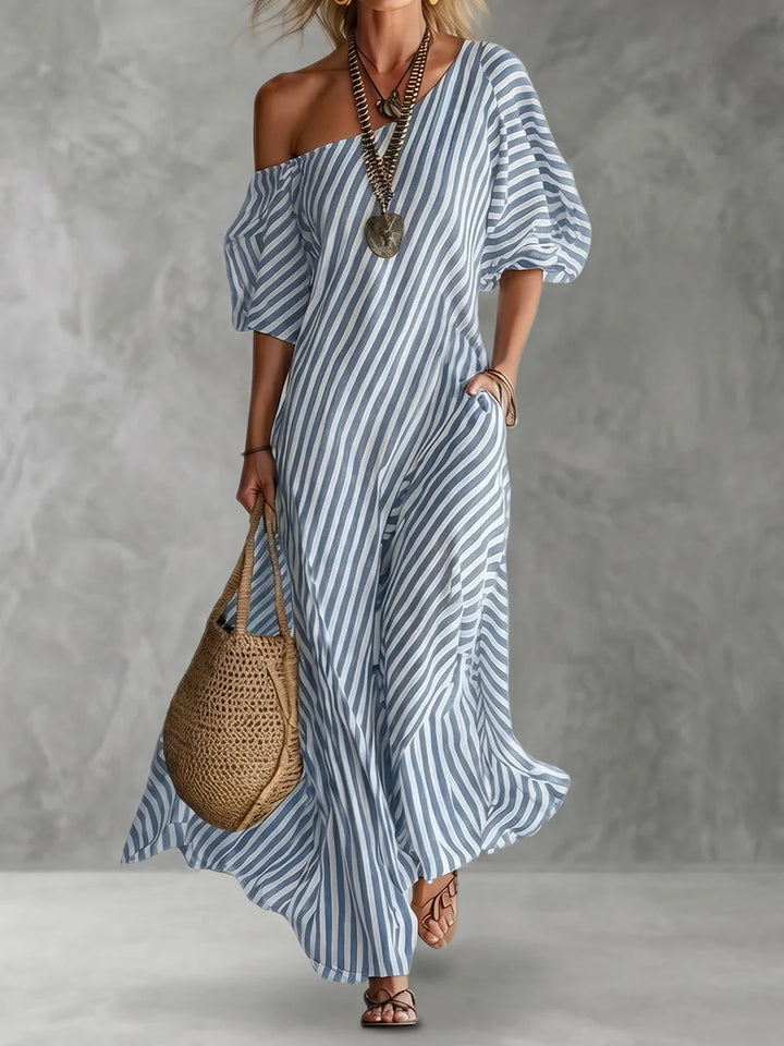 Vestido Maxi Plus Size às Riscas De Um Ombro Com Bolsos E Manga Balão