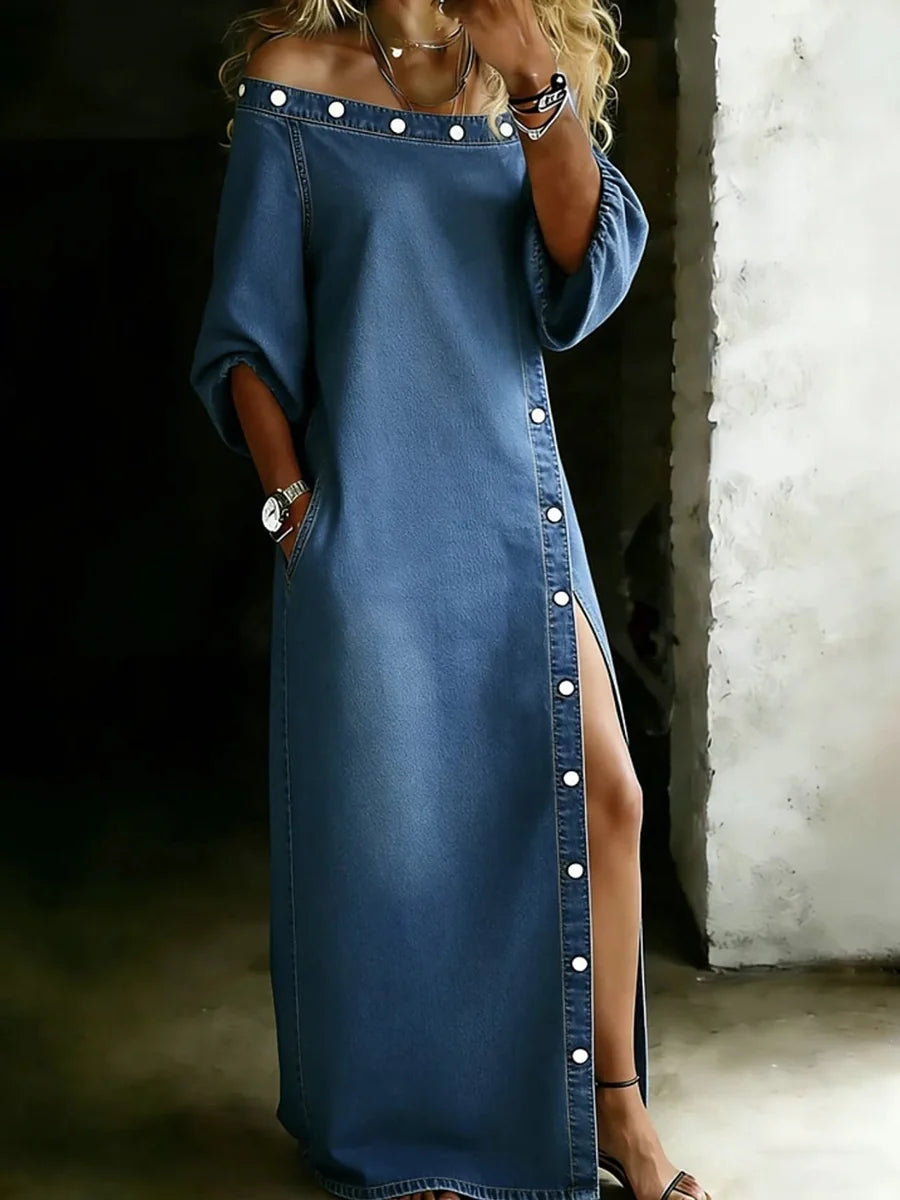 Solid Color Off-the-Shoulder Maxi Dress with Pockets and Three-Quarter Sleeves