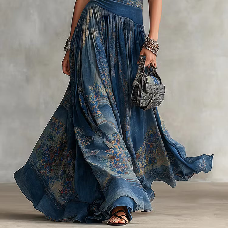 Vestido Maxi Elegante Sem Mangas, Gola Redonda, Com Estampado Retro Até Ao Chão